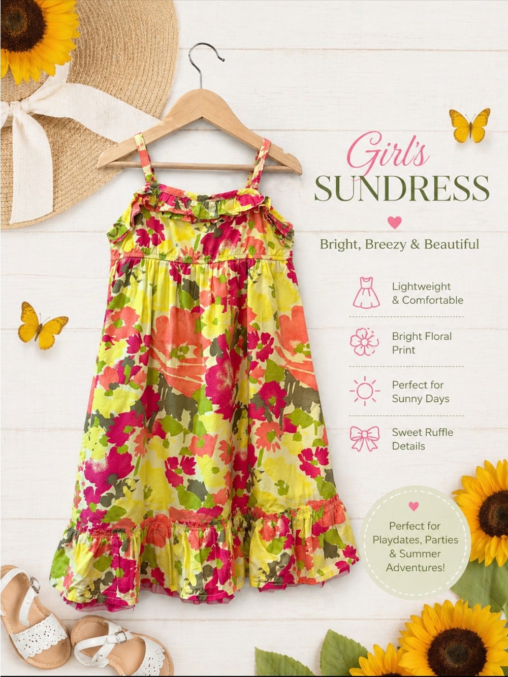 Cherokee Ruffled Floral Sundress. Tulle Hem | Vibrant | Girl’s Sz-M 7/8 Cotton